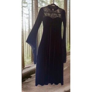🖤 Stretch Black Velvet Gothic Maxi Dress Victorian Witchcore Lace High Neck M